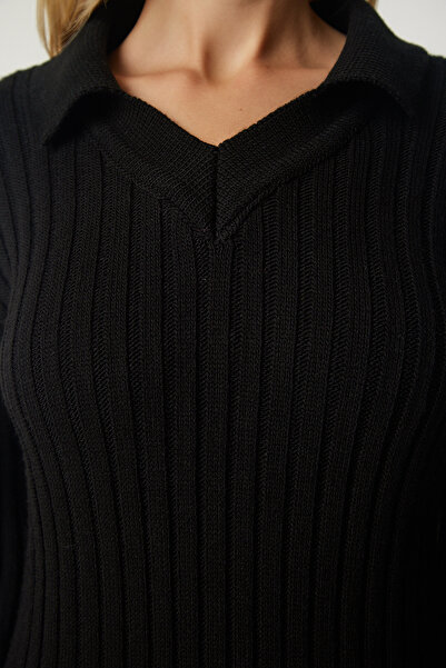 Happiness İstanbul Dámské černé položebrované úpletové šaty s polo výstřihem Kİ00103