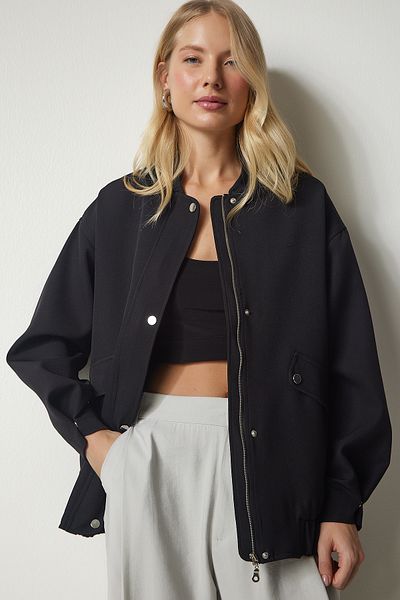 Happiness İstanbul Γυναικείο Μαύρο Παλτό Bomber Wide Pocket FN03051