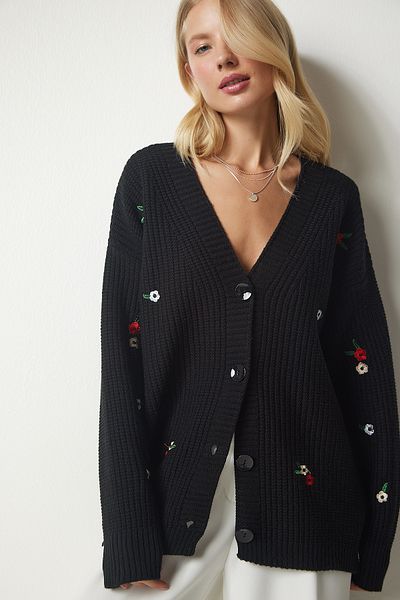 Happiness İstanbul Schwarze Strickjacke mit Blumenstickerei und Knöpfen für Damen KG00004