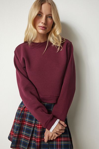 Happiness İstanbul Burgunderrotes, kurzes Sweatshirt mit Reliefmuster für Damen, UB00178