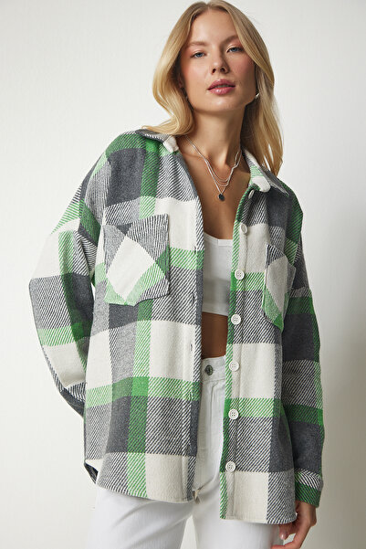 Happiness İstanbul Dámská šedozelená oversize lumberjack košile se vzorem razítka TU00034