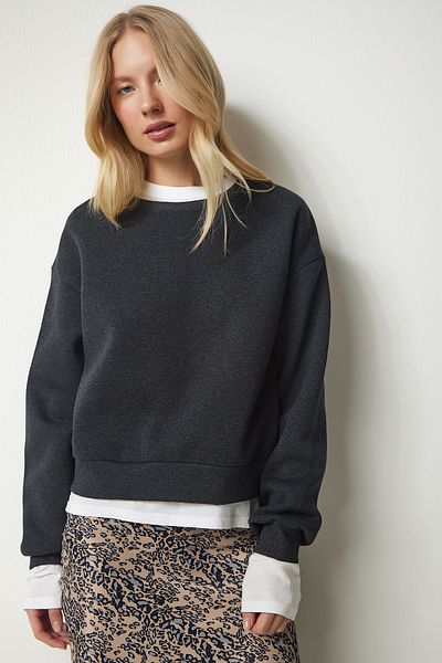Happiness İstanbul Anthrazitfarbenes, kurzes Sweatshirt mit Reliefmuster für Damen, UB00179