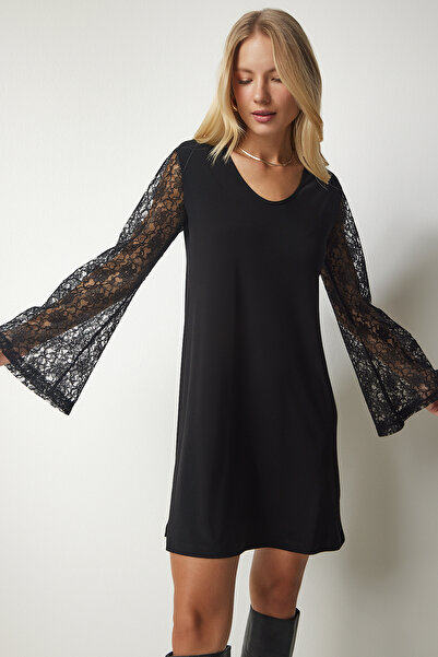 Happiness İstanbul Γυναικείο Μαύρο Δαντελένιο Ισπανικό Sandy Φόρεμα TO00097