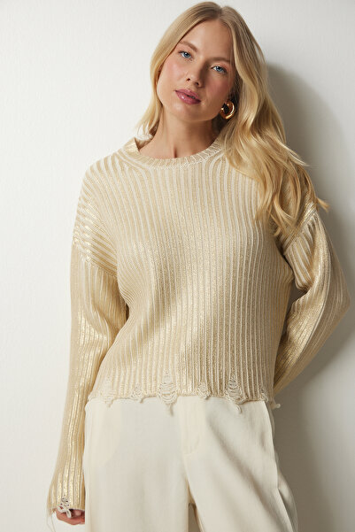 Happiness İstanbul Women's Metallic Yellow Shiny Knitwear Sweater with Ripped Detail PF00021