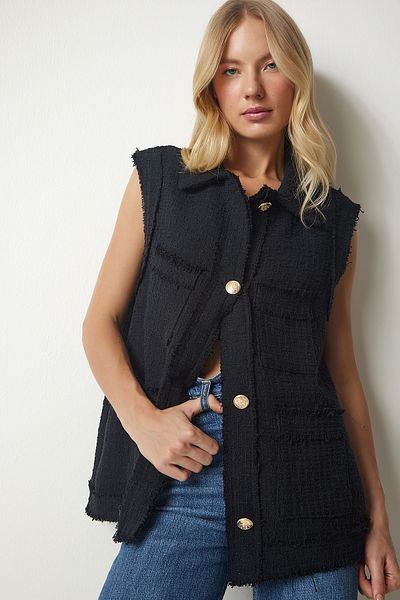 Happiness İstanbul Women's Black Tasseled Striped Textured Vest WF00050