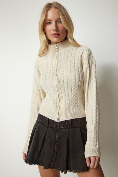Happiness İstanbul Cardigan tricotat cu motiv crem, cu fermoar, pentru femei, YY00174