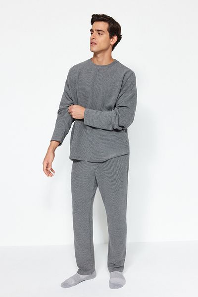 Trendyol Collection Anthrazitfarbener Ottoman-Strickpyjama aus Talkum TMNAW24PT00053