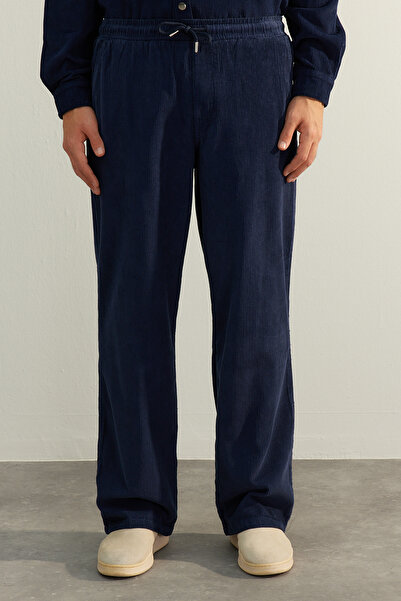 Trendyol Collection Limited Edition Navy 100% Cotton Velvet Wide Leg Pants Tmnaw24Pl00009