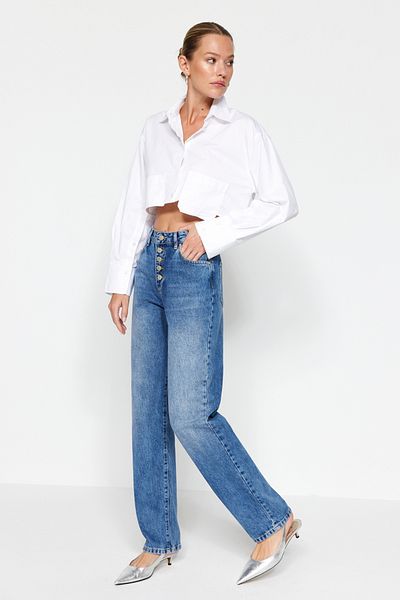 Trendyol Collection Blue Front Buttoned High Waist Long Straight Jeans TWOAW24JE00198