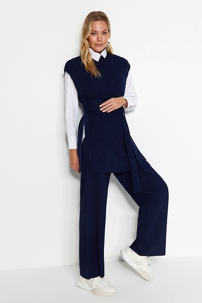 Trendyol Modest Sötétkék öves sárgaréz kötött pulóver-nadrág kötöttáru alsó-felső szett