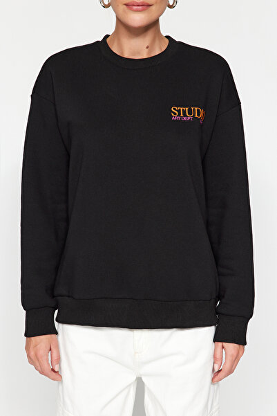 Trendyol Collection Černá Zadní potisk Detailní Tlustý vnitřní fleece Regular Fit Pletená mikina s rozparkem TWOAW24SW00387