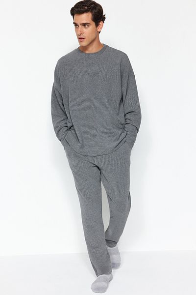 Trendyol Collection Anthrazitfarbener Ottoman-Strickpyjama aus Talkum TMNAW24PT00053