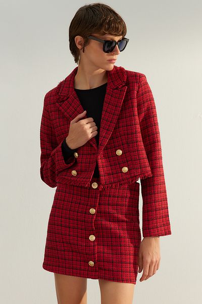 Trendyol Collection Kurtka typu marynarka Premium Red Plaid Crop - Twoaw24Bc00081