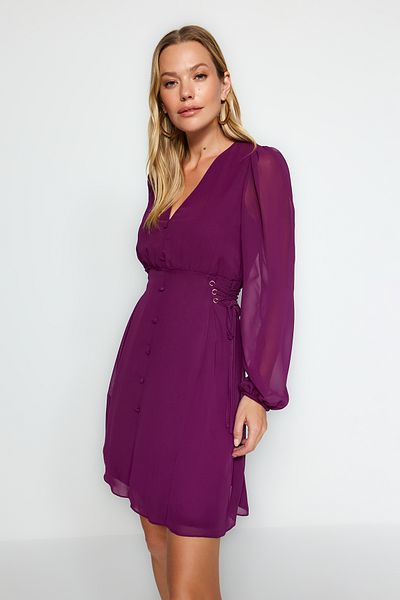 Trendyol Collection Purple Eyelet Detailed Buttoned Lined Chiffon Woven Dress TWOAW24EL00348
