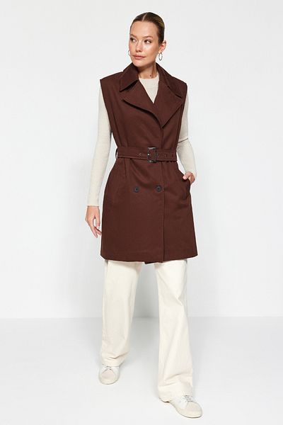 Trendyol Collection Καφέ Oversize ζωσμένο γιλέκο τρυπήματος TWOAW24YE00084