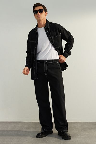 Trendyol Collection Blugi negri, 100% bumbac, cu croiala largă, cu cusături contrastante, pantaloni largi din denim TMNAW24JE00014