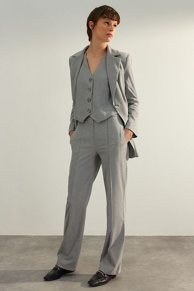 Trendyol Collection Gray High Waist Straight/Straight Cut Woven Rib Fabric Pants Twoaw24Pl00148