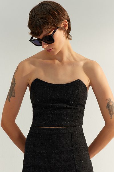 Trendyol Collection Bluzka bez ramiączek z czarnego brokatu - Premium Woven, Twoaw24Bz00425