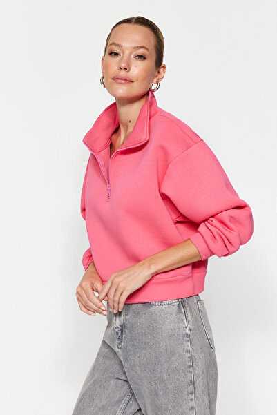 Trendyol Collection Pink Relaxed Fit Crop Basic Zippered Stand Collar Thick Fleece Inside Knitted Sweatshirt TWOAW24SW00221