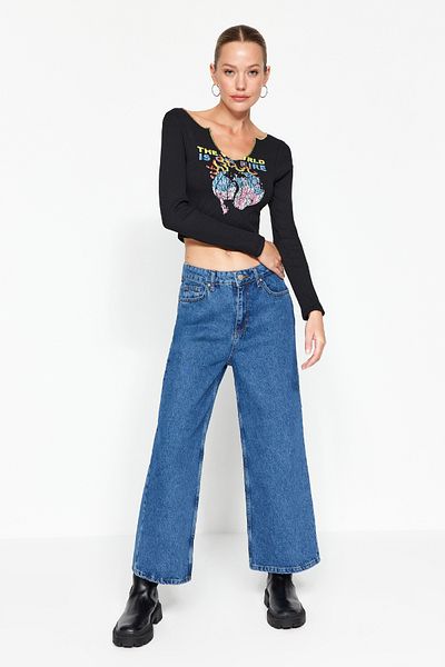 Trendyol Collection Blue High Waist Culotte Jeans Twoaw24Je00192