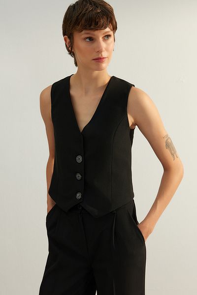 Trendyol Collection Black Premium Buttoned Crop Woven Vest Twoaw24Ye00061