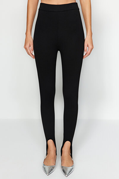 Trendyol Collection Černé elastické pletené punčochové kalhoty Fuzo Interlock s vysokým pasem TWOAW24TA00013