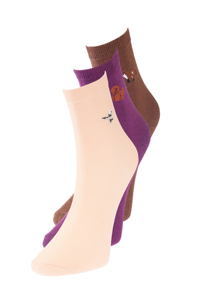 Trendyol Collection Кафяви многоцветни 3 пакета памучни плетени чорапи с бродирани животни THMAW24CO00010