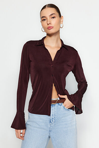 Trendyol Collection Καφέ Premium, φωτεινή επιφάνεια και μαλακή υφή πλεκτό πουκάμισο με γιακά με κουμπί πόλο TWOAW24GO00194