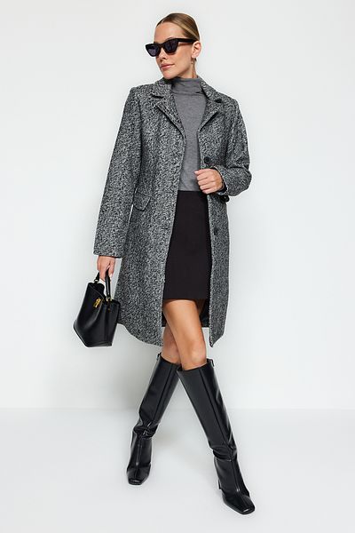 Trendyol Collection Palton negru supradimensionat, cu tăietură largă, cu model cu ștampilă lungă TWOAW24KB00152