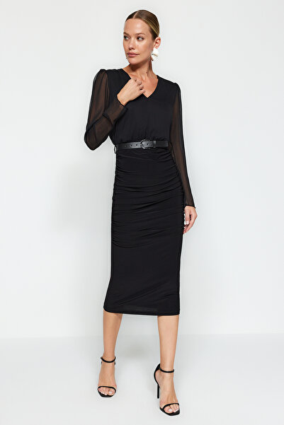 Trendyol Collection Black Belted Bodycon Woven Dress TWOAW24EL00591