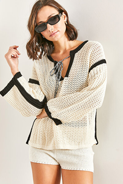 Bianco Lucci Women's Openwork Collar Tied Knitwear Sweater