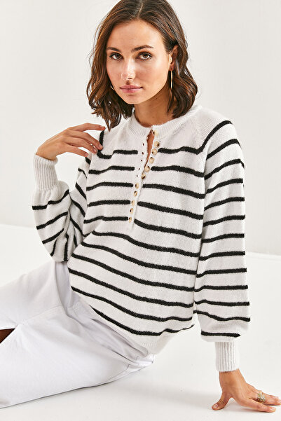 Bianco Lucci Women's Buttoned Collar Turtleneck Striped Knitwear Sweater