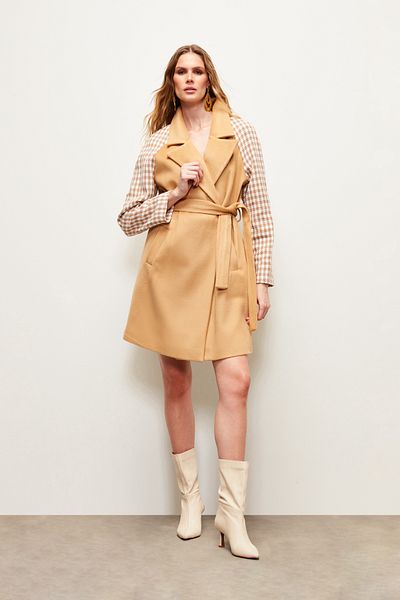 Sateen Houndstooth Belted Coat - CAMEL