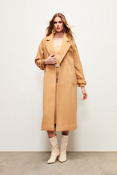 Sateen Casual Coat with Sleeve Belt Detail - Camel