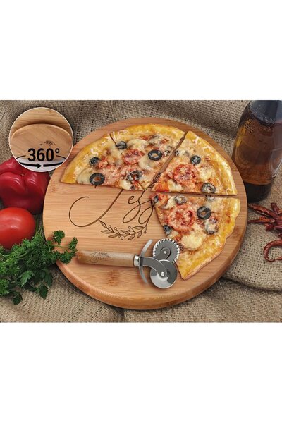 Bk Gift Kişiye Özel İsimli Tarihli Bambu Ahşap Döner Tablalı Pizza Tahtası-1,...
