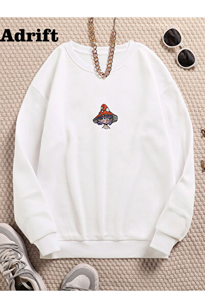 Adrift Hanorac din bumbac cu decolteu oversize colorat pentru fete ciuperci alb