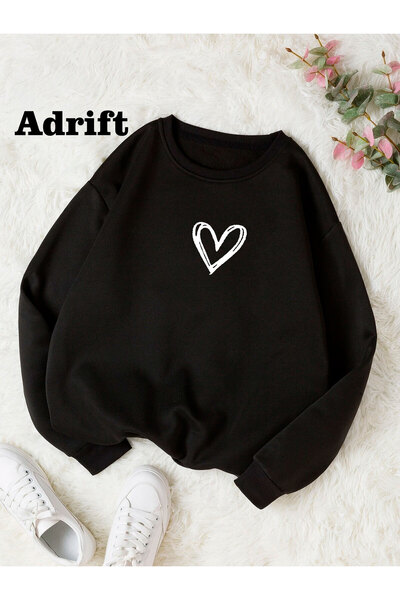Adrift Hanorac Oversize Adrif Minimal Kalp Renkli Gât Bicicletă Negru din Bumbac