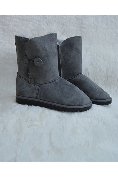 M Miel Dámské/dívčí šedé semišové boty na jeden knoflík s kožešinou uvnitř zimní boty a botičky