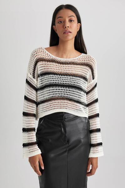 DeFacto Relax Fit Crew Neck Prolamovaný svetr z úpletu B6383Ax23Au