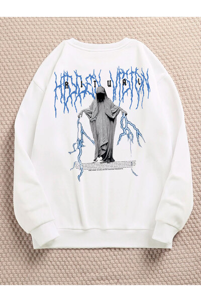 Adrift Hanorac din bumbac cu decolteu oversize de culoare albastră Ritual, alb