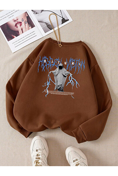 Adrift Hanorac din bumbac cu decolteu oversize de culoare albastru ritual maro