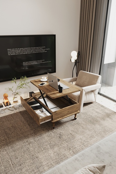 kolexonline Nino Çekmeceli Akıllı Sehpa Tekerli Ayaklı Yemek Masası Çalışmaması Çam Renk