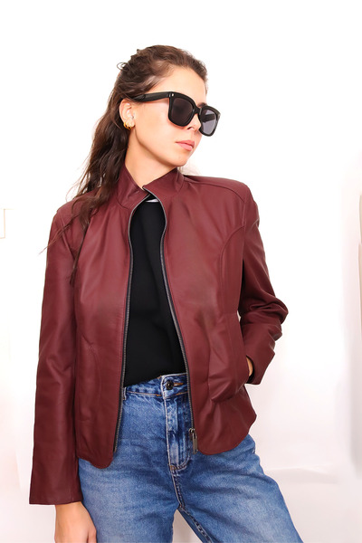 Jack Tonio Kadın Bordo Fermuarlı Hakiki Deri Ceket