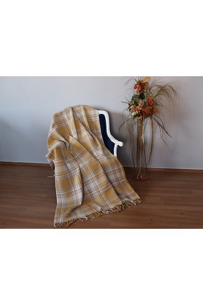 BARANO YUSSİ Cotton Blanket Double Mustard Beige Plaid Soft Waffle Textured Room Blanket