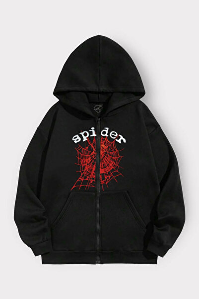 DEEFWEAR Siyah Spider Ağ Kapüşonlu Fermuarlı Hırka