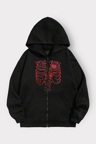 DEEFWEAR Siyah Rib Skeleton Unisex Kapüşonlu Fermuarlı Hırka