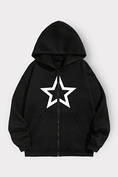 DEEFWEAR Siyah İçi Boş Yıldız Unisex Kapüşonlu Fermuarlı Hırka