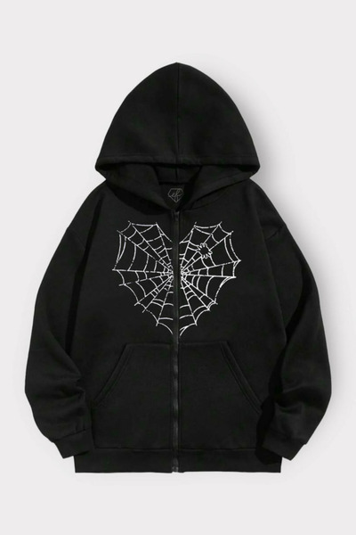 DEEFWEAR Siyah Ağ Kalp Unisex Kapüşonlu Fermuarlı Hırka