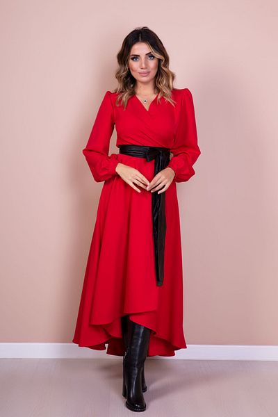 NO48 Red Asymmetric Cut Black Faux Belt Accessory Long Sleeve Double Breasted Pattern Dress
