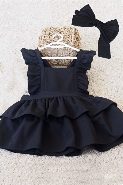 Shecco Babba Black Girl's Dress with Ruffled Straps and Layers Bandana Set 1-10 Years Old Birthday Dress